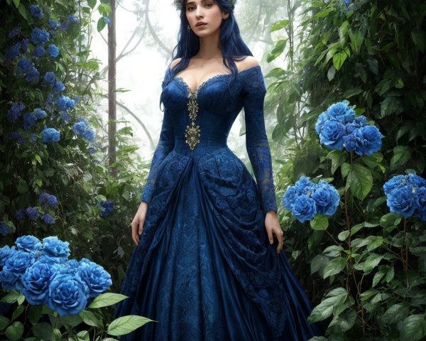 Woman in Elegant Gown Surrounded by Blue Roses