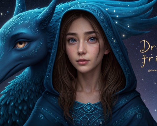 Mystical Scene of a Woman and a Blue Wolf Under Stars
