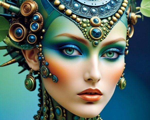 Futuristic Woman with Intricate Headdress and Face Paint