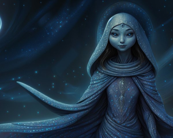 Serene figure in blue robes against cosmic backdrop