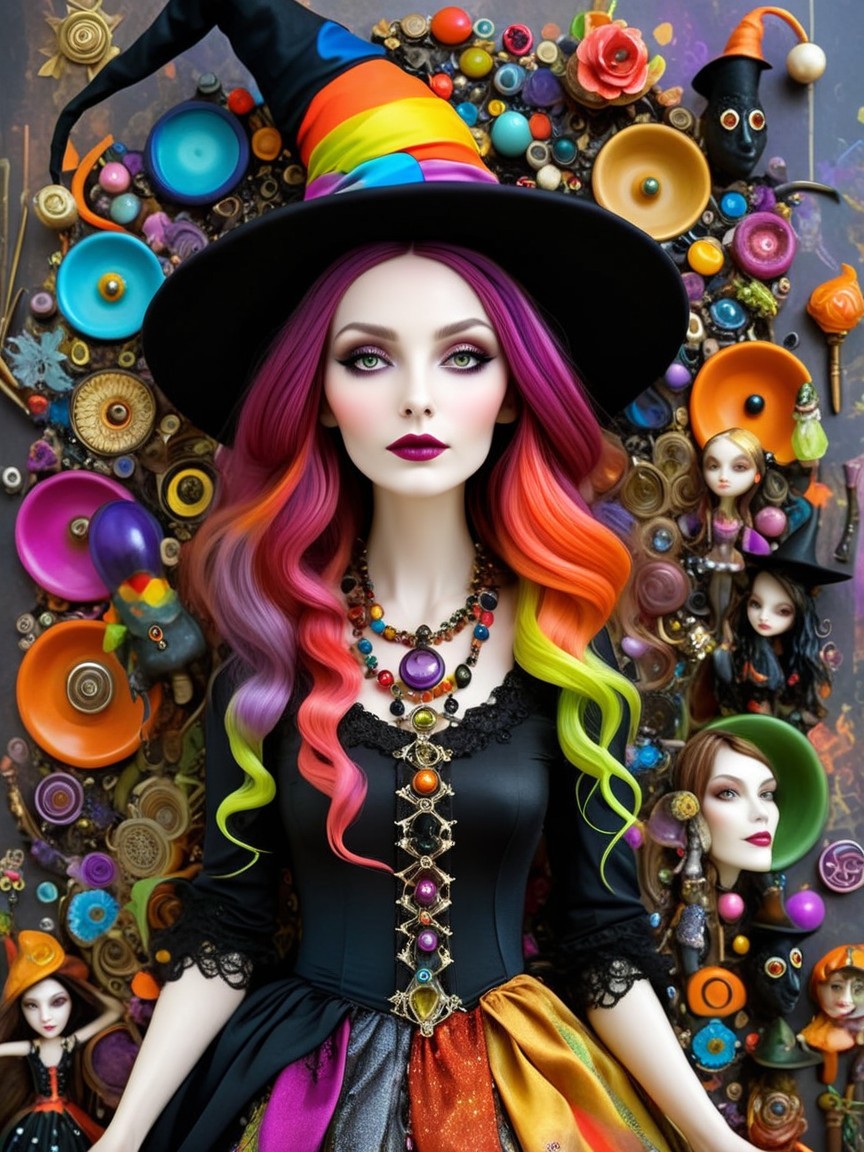 Colorful Witch Doll with Vibrant Background and Decor