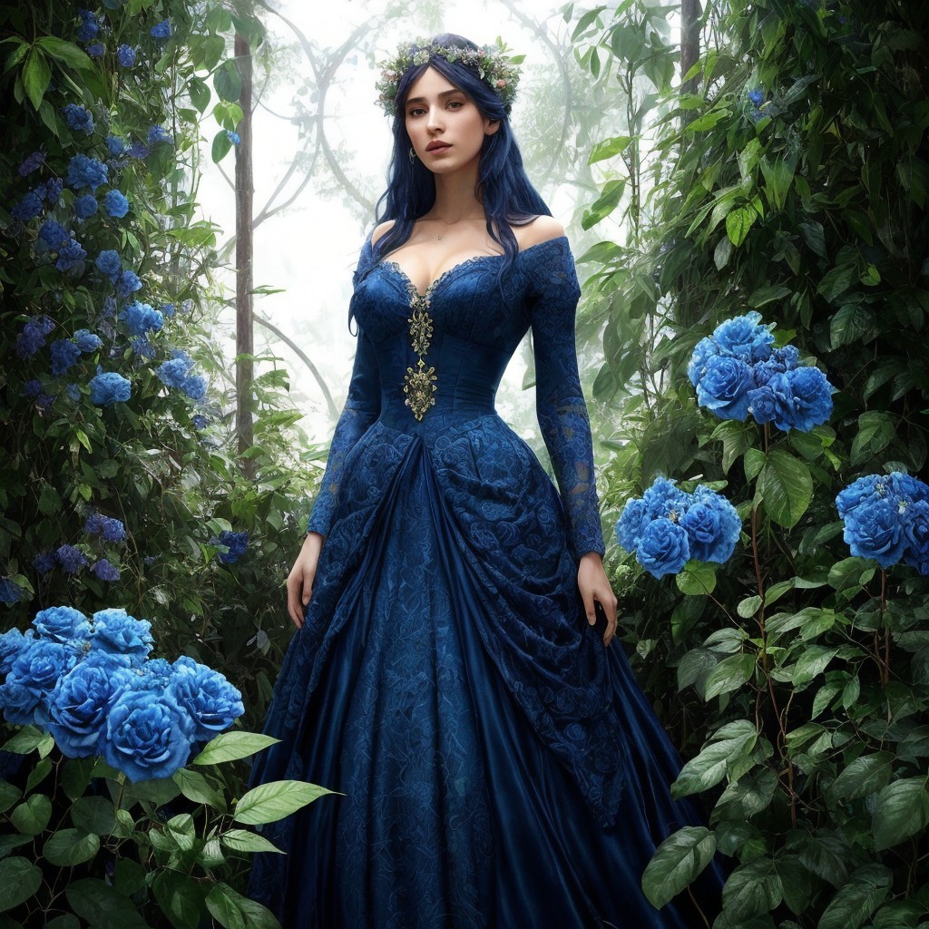 Woman in Elegant Gown Surrounded by Blue Roses