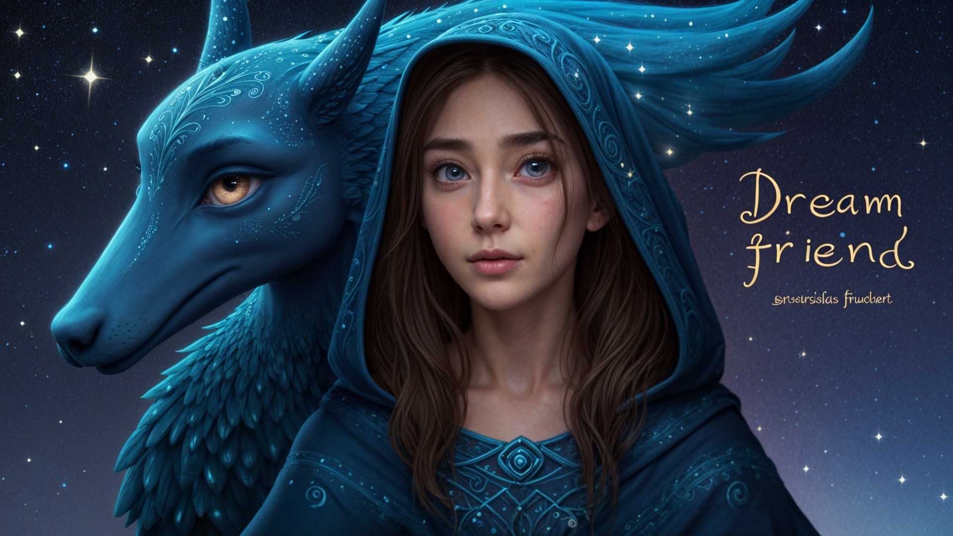 Mystical Scene of a Woman and a Blue Wolf Under Stars
