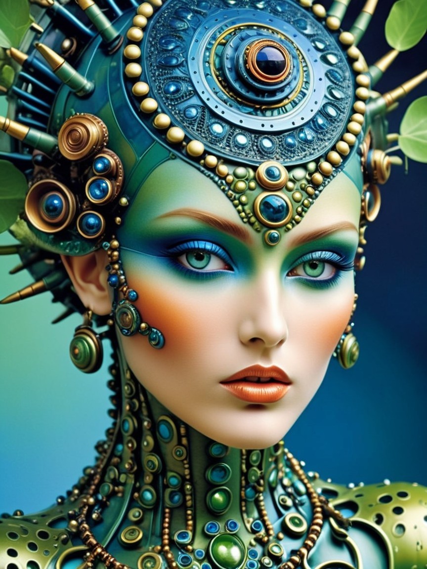 Futuristic Woman with Intricate Headdress and Face Paint