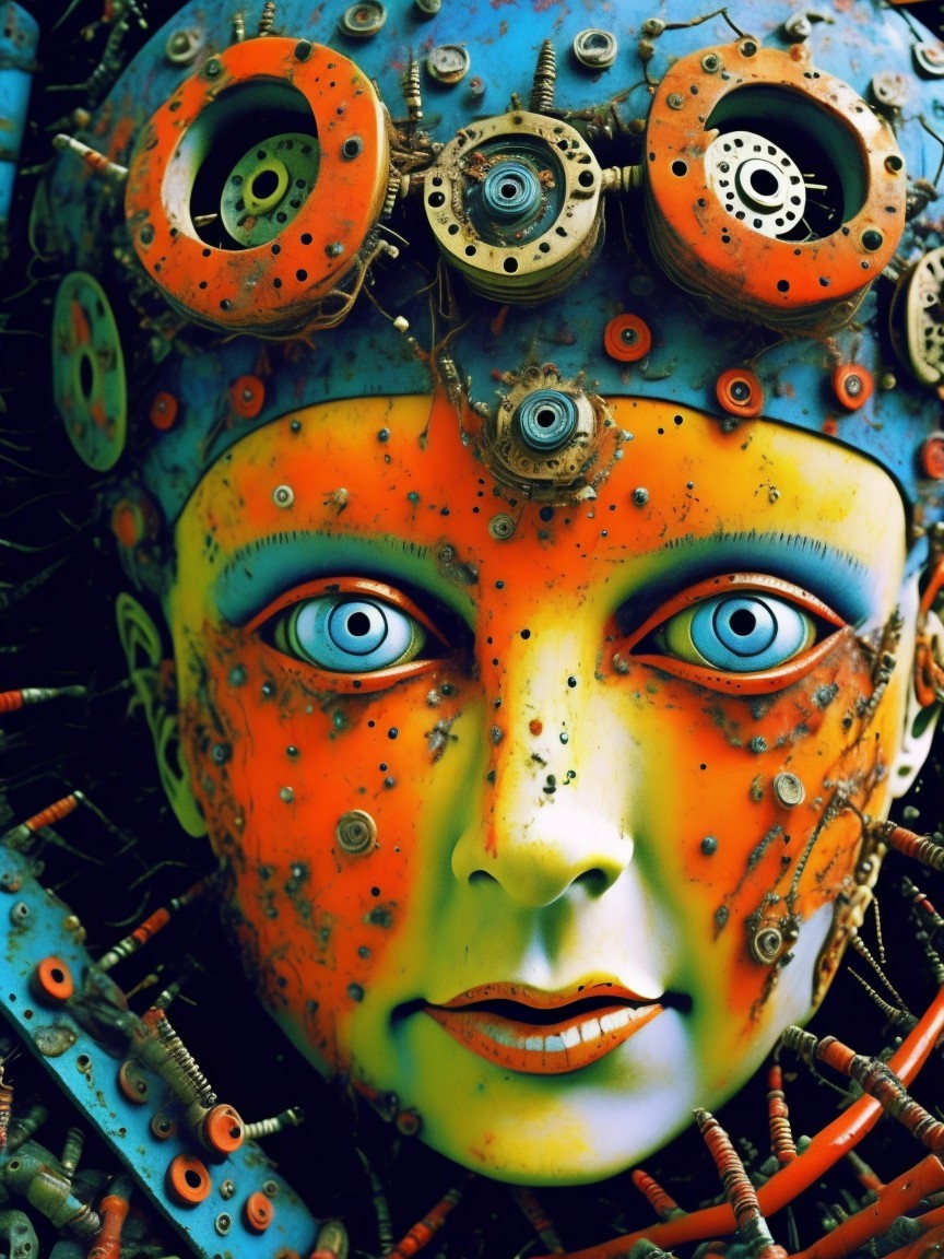 Futuristic Face with Vibrant Colors and Mechanical Elements