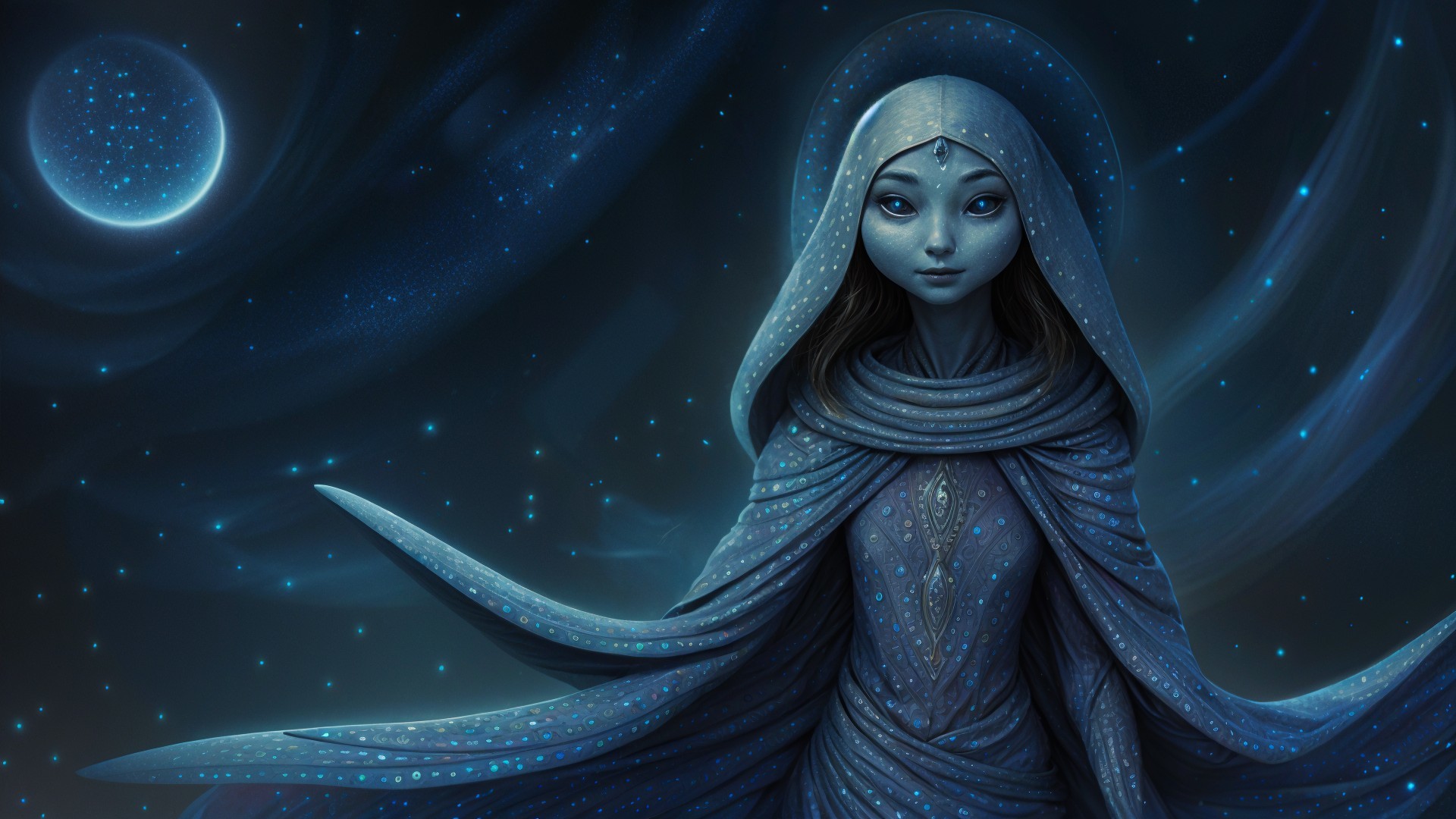 Serene figure in blue robes against cosmic backdrop