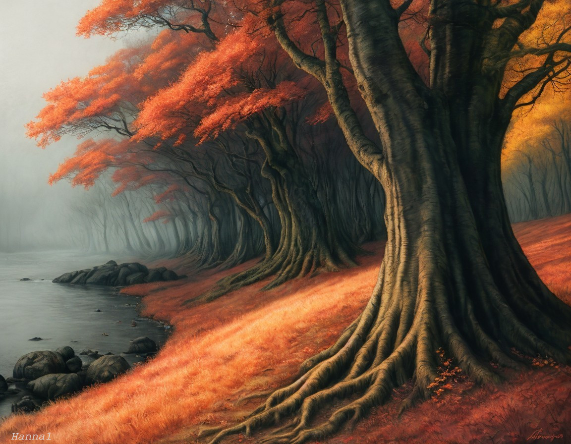 Serene Autumn Landscape with Majestic Trees and River