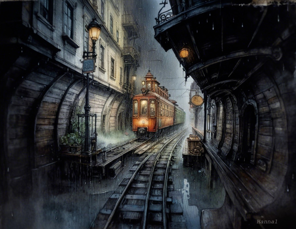 Vintage Tram in Rainy Cobblestone Street Scene