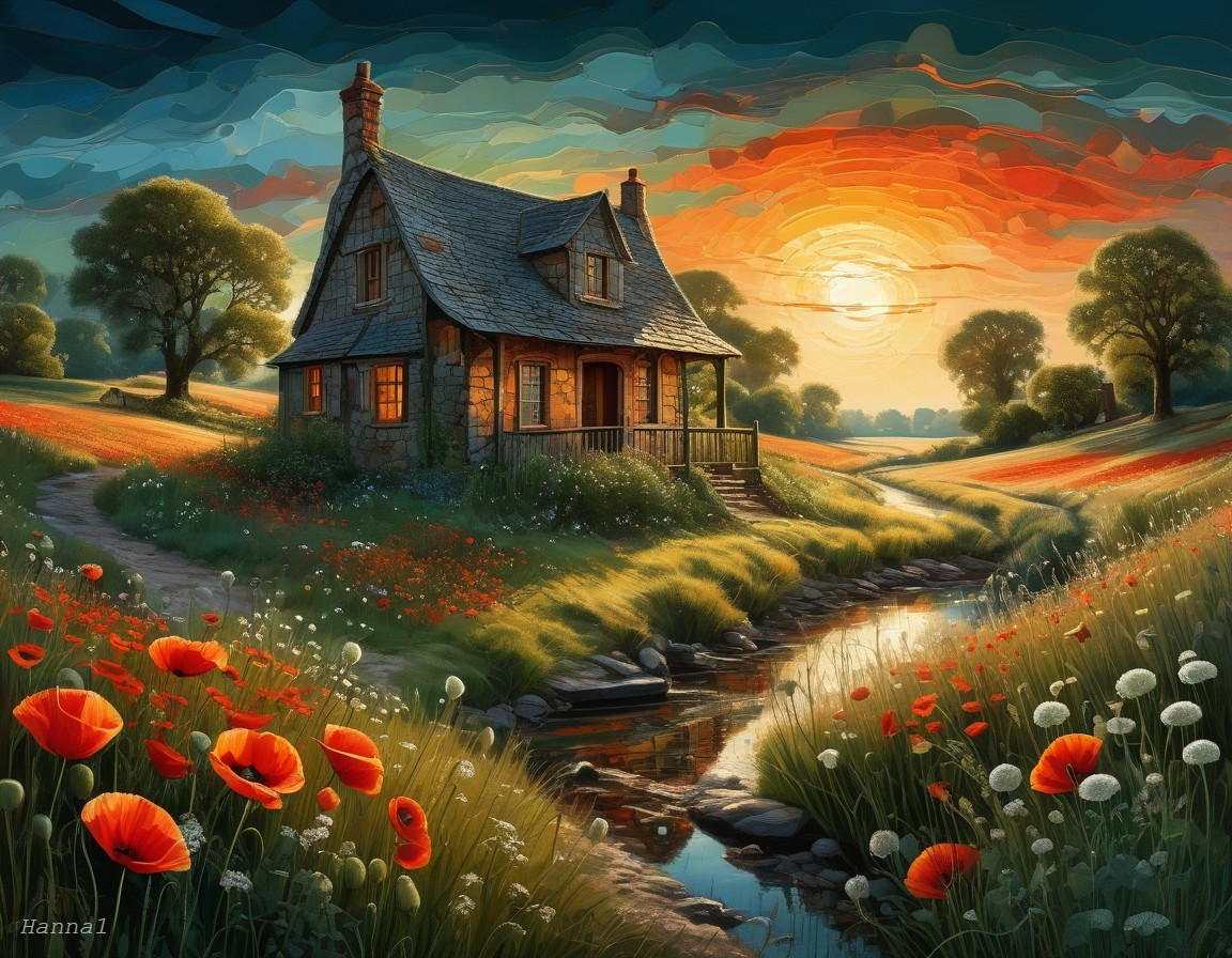 Charming Cottage by a Stream with Vibrant Poppies