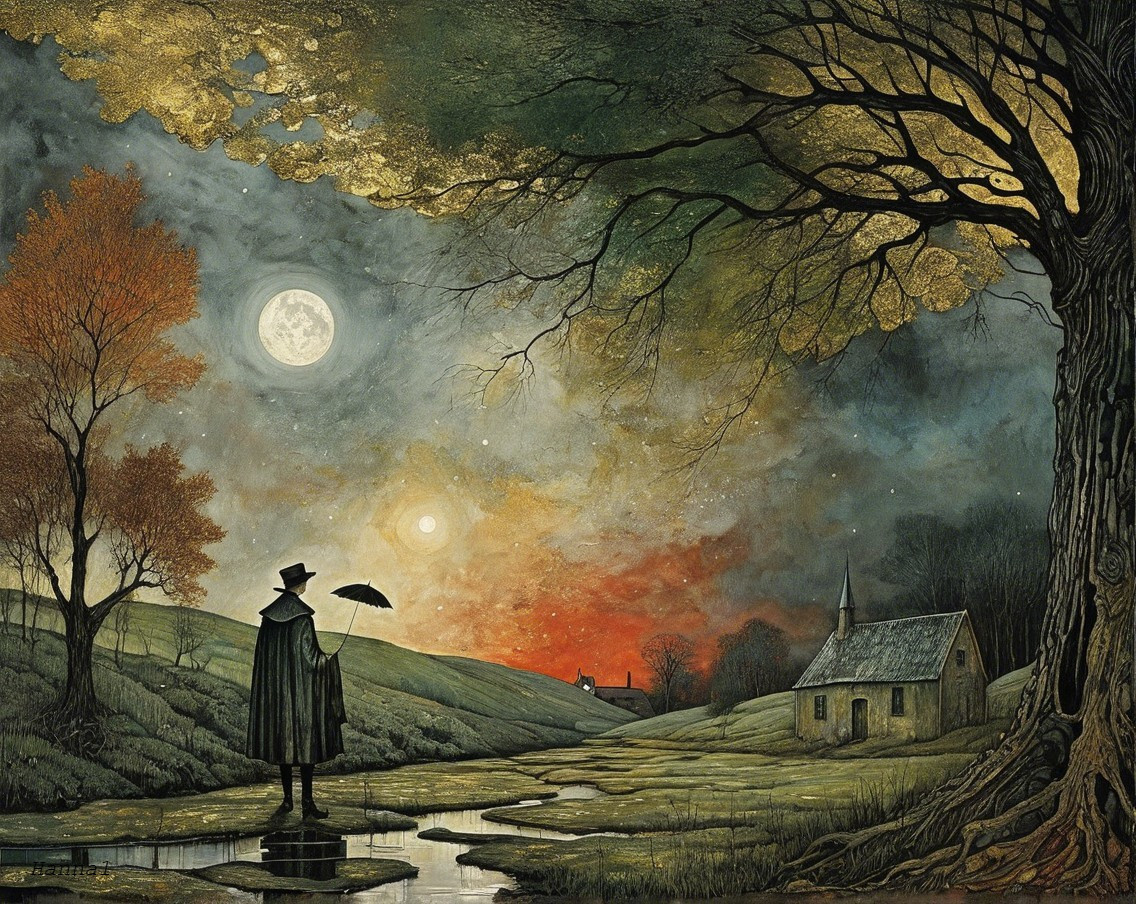 Twilight Landscape with Umbrella and Autumn Colors