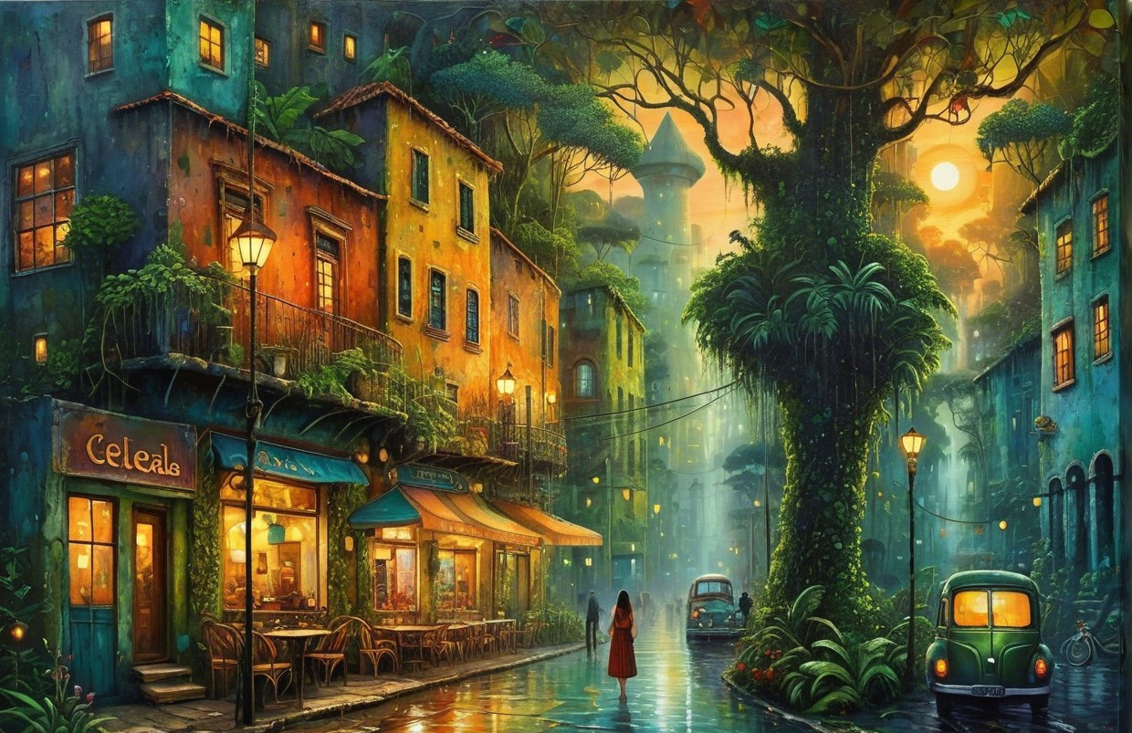 Vibrant Dusk Street Scene with Lanterns and Greenery
