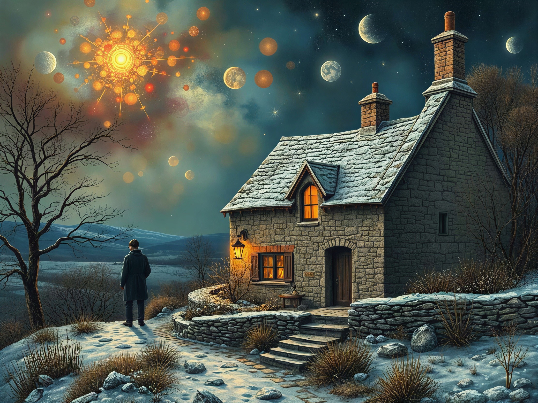 Snowy Path with Cottage Under Cosmic Sky