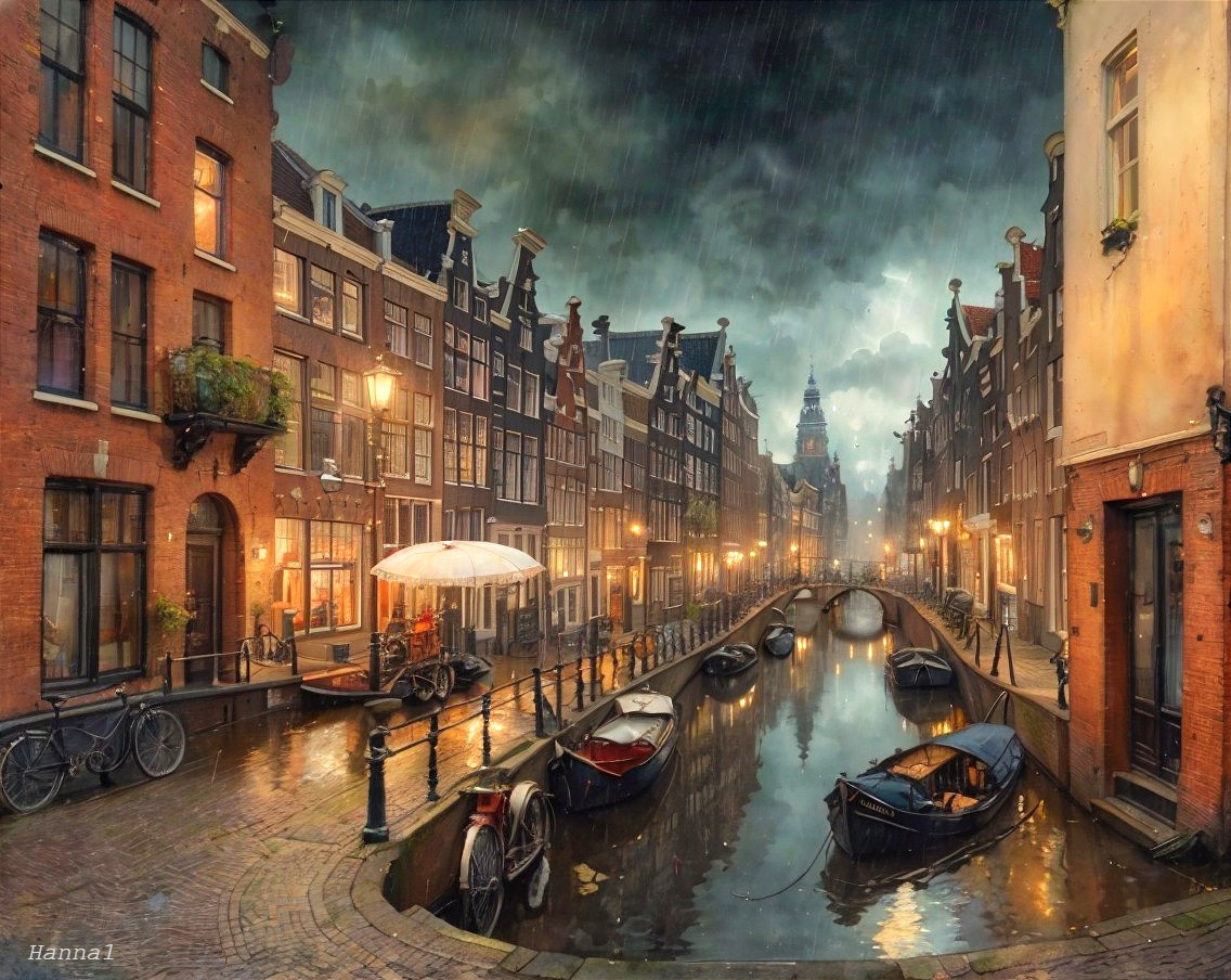 Amsterdam Canal Scene with Rainy Sky and Reflections