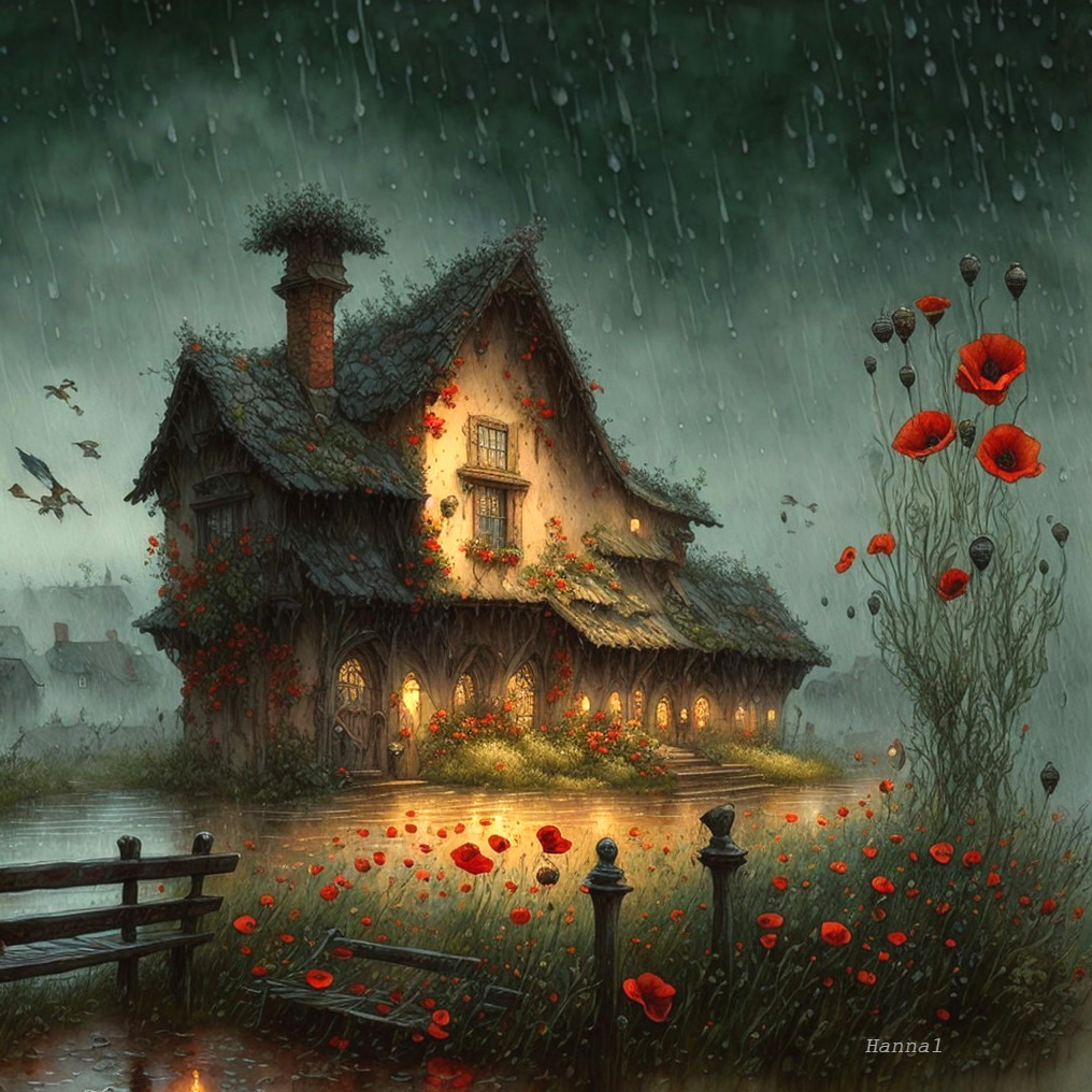 Whimsical Cottage in a Rain-Soaked Landscape