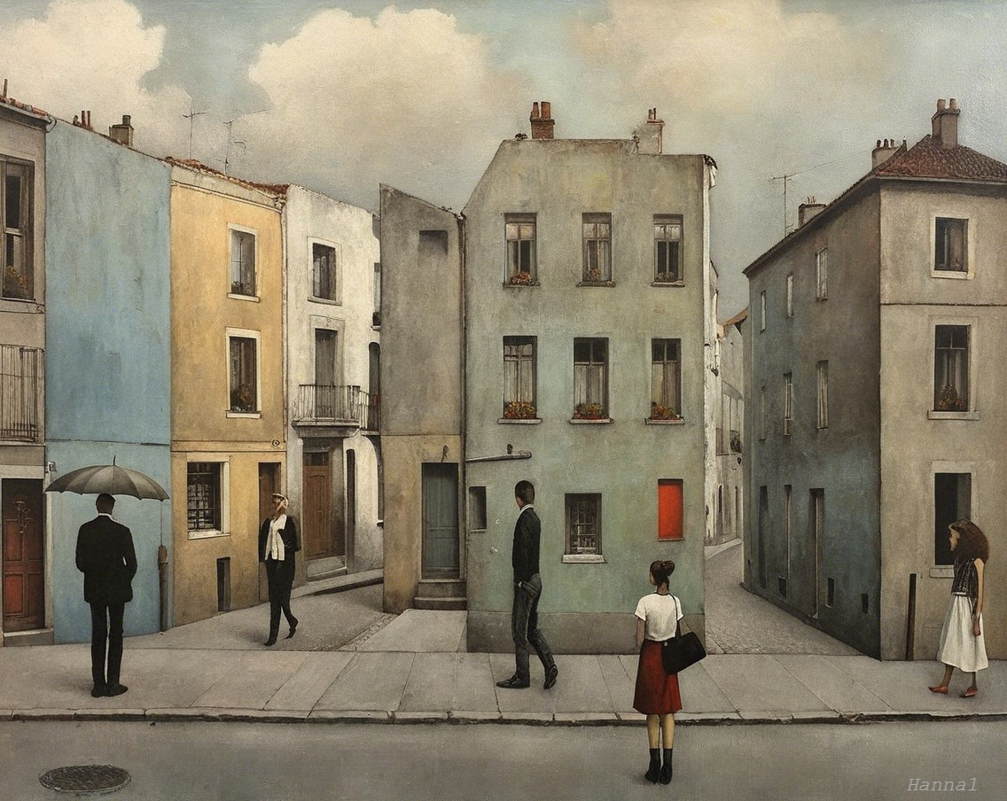 Surreal Urban Street Scene with Pastel Buildings