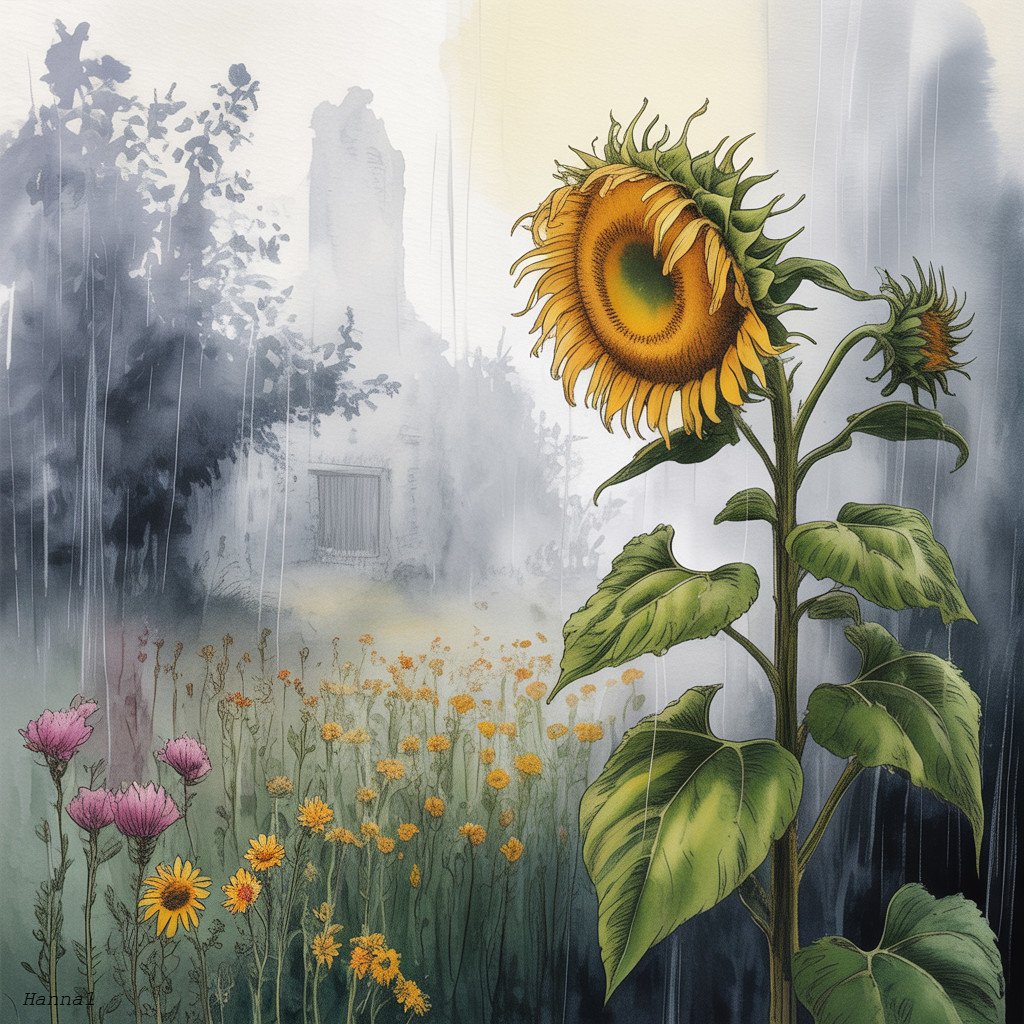 Sunflower in Misty Landscape with Wildflowers and Building