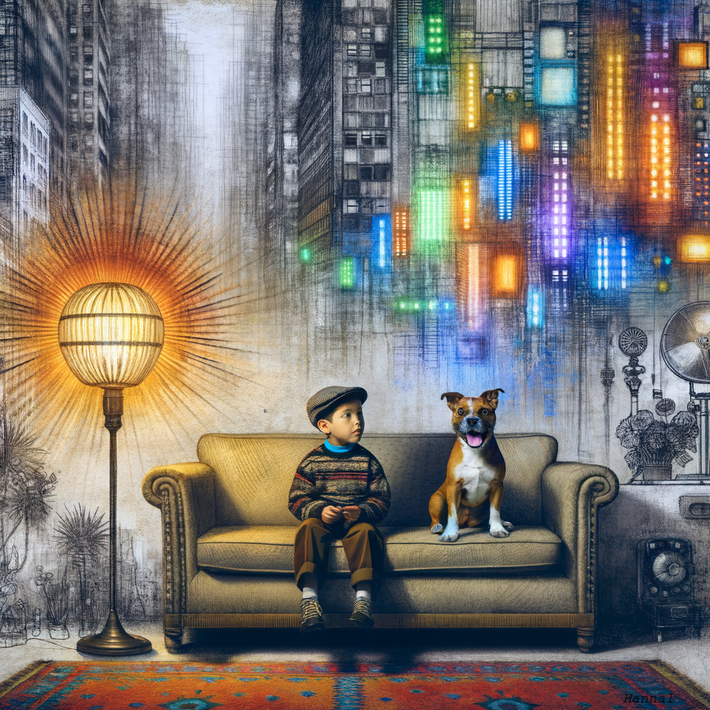 Young boy gaming on sofa with dog and cityscape backdrop