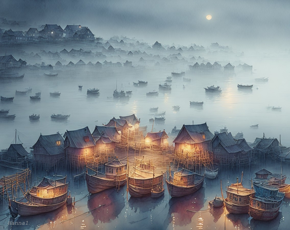 Misty Twilight in a Tranquil Fishing Village Scene