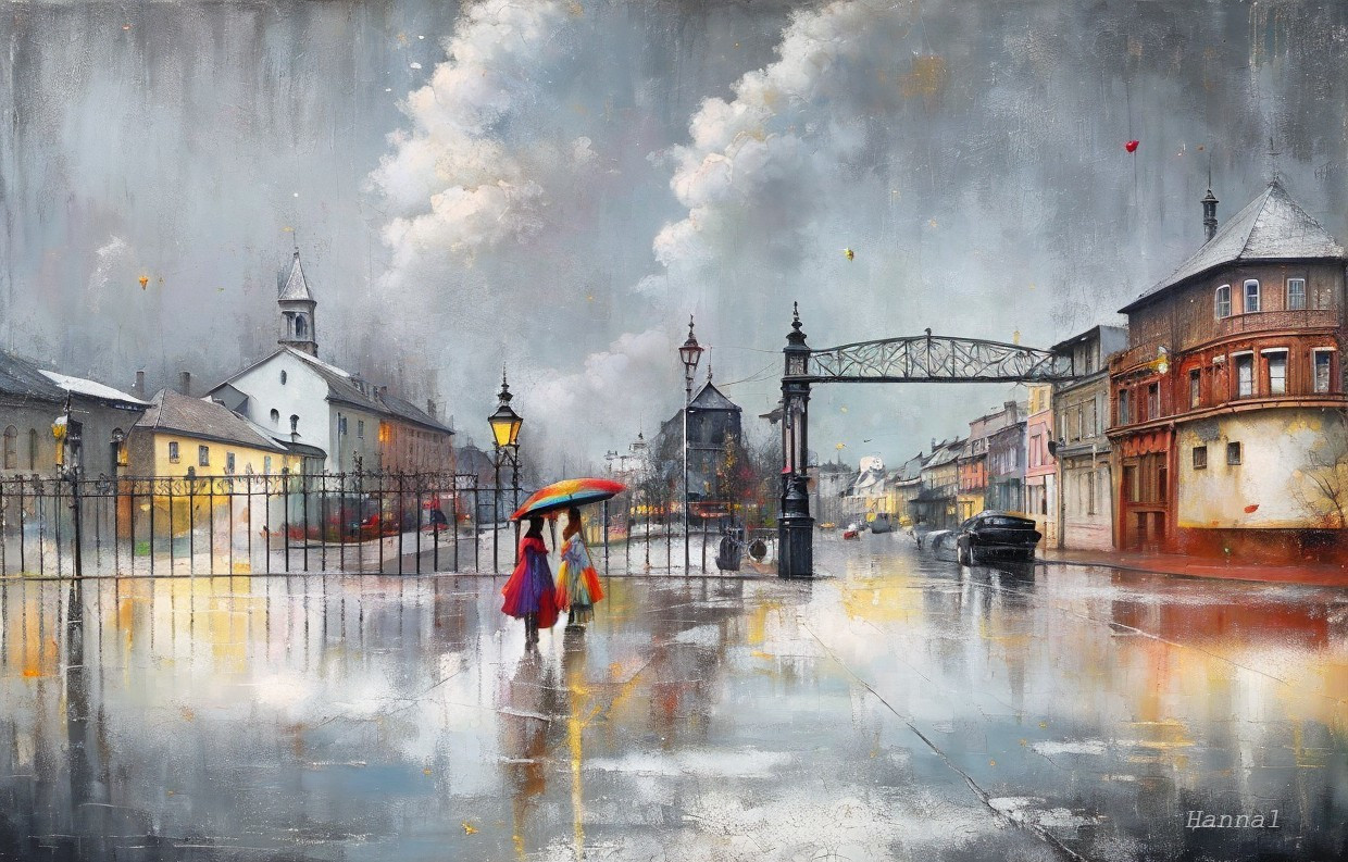 Urban Scene with Figures Under Colorful Umbrella