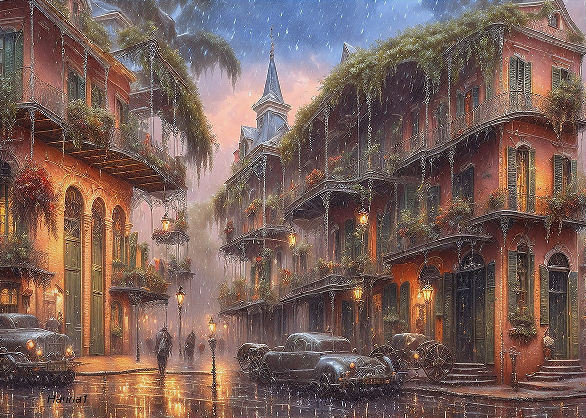 Charming Old Town Street Scene During Rain Shower