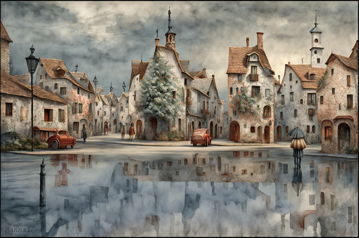 Serene Village Scene with Unique Architecture and Vintage Cars