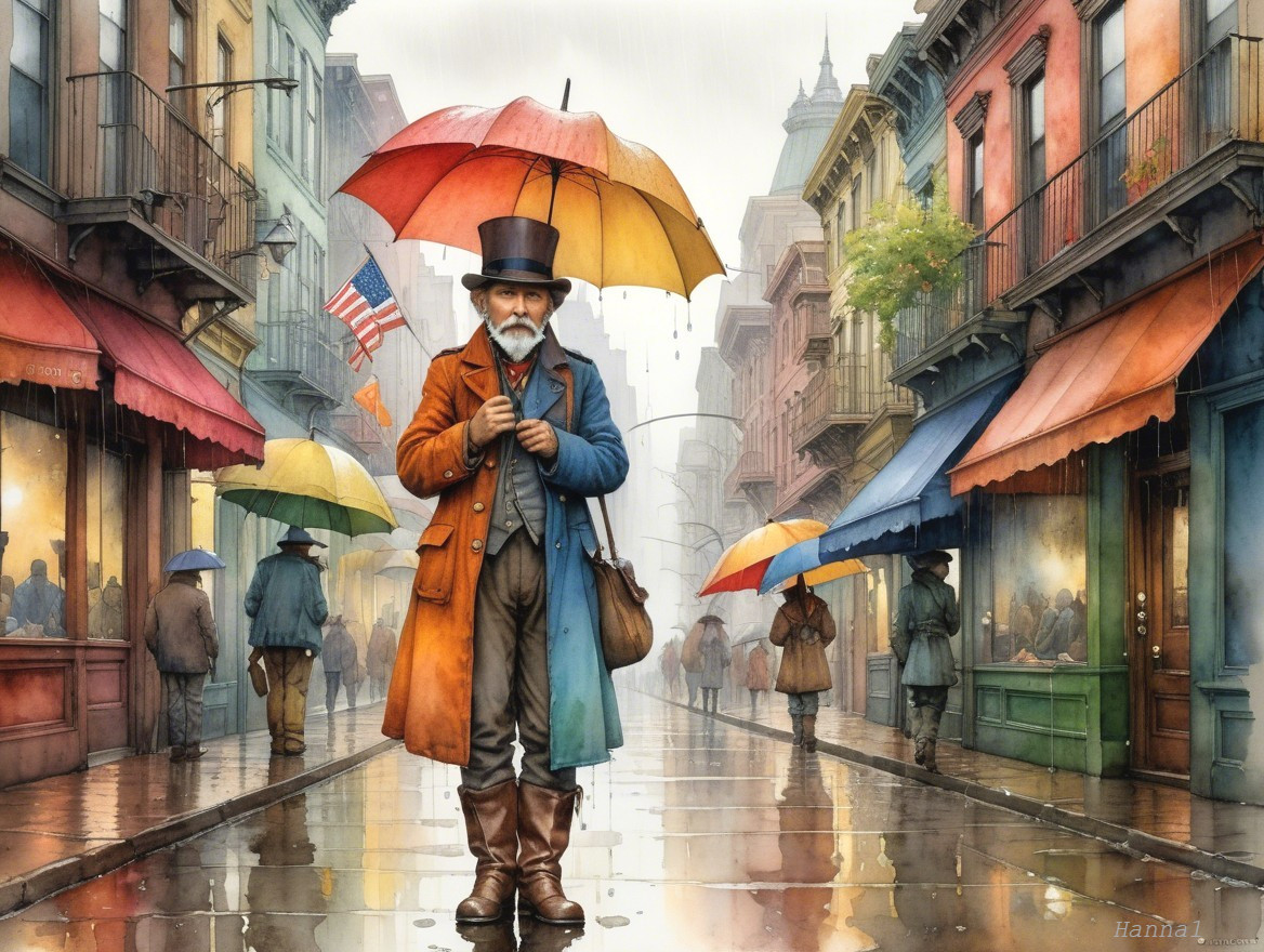 Colorful Foggy Street Scene with Umbrella and Figures