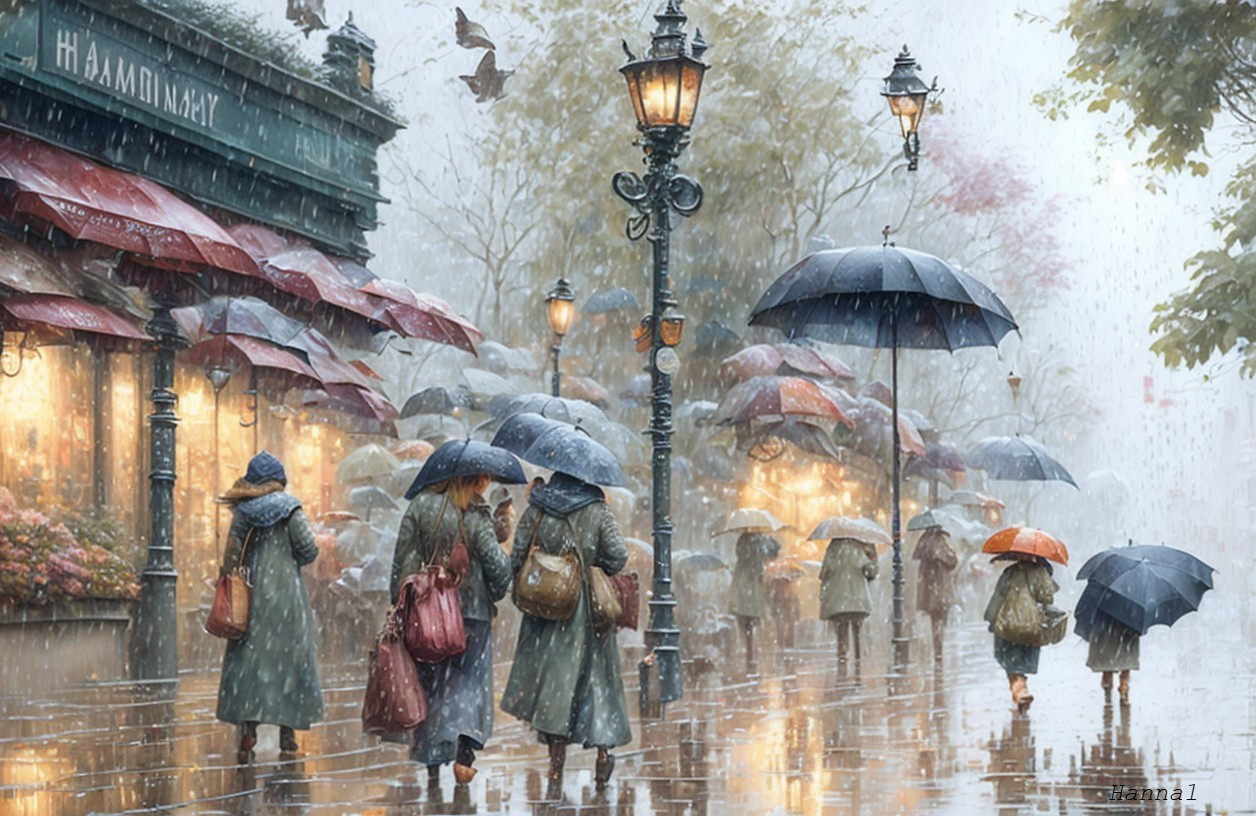 Vibrant Street Scene on a Rainy Day with Lanterns