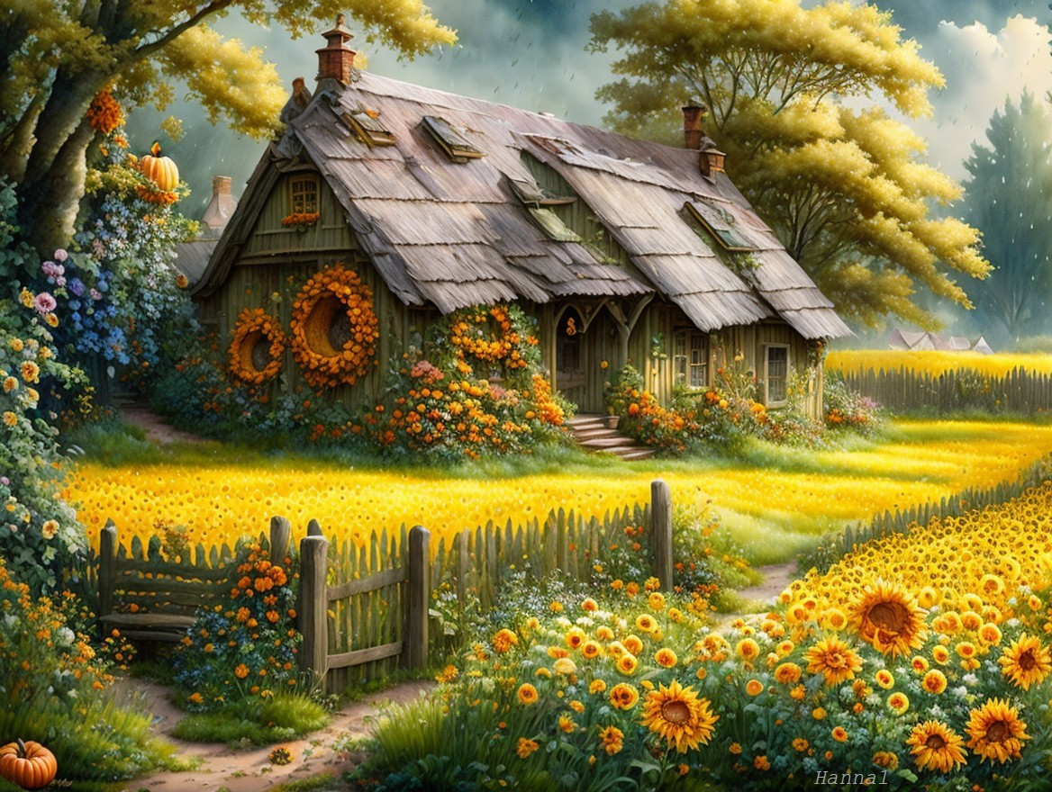 Charming Cottage Surrounded by Sunflowers and Foliage