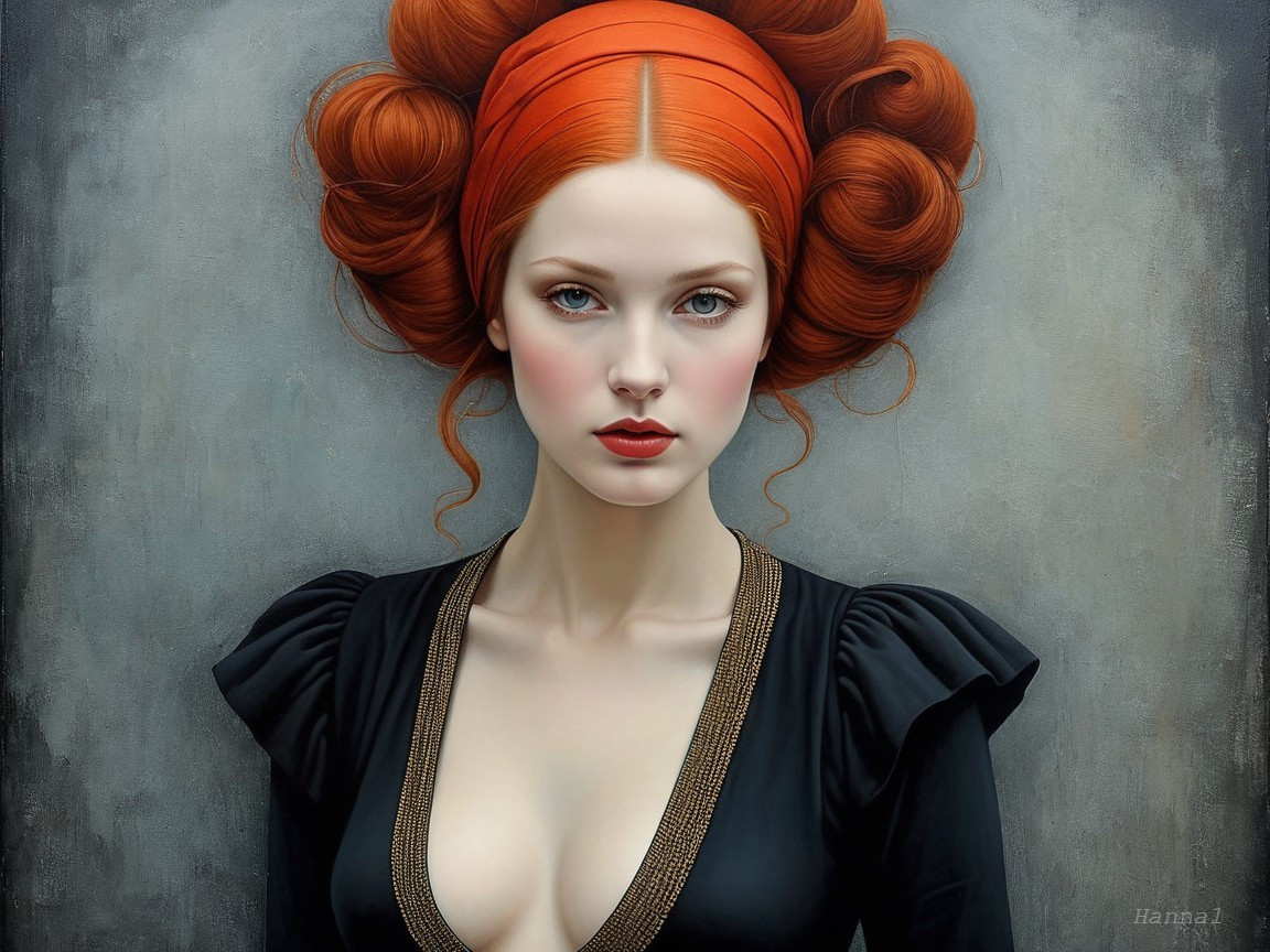 Striking Woman with Red Hair in Elegant Black Dress