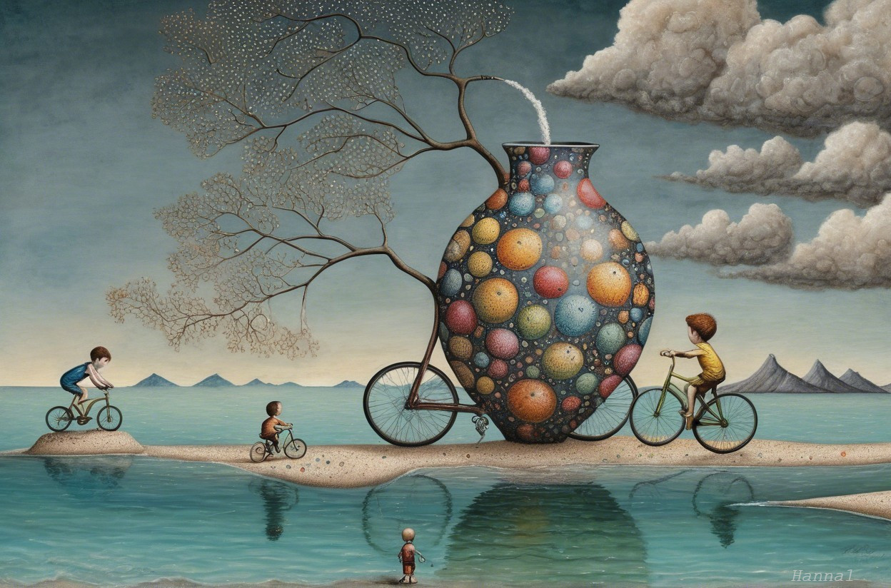 Surreal Landscape with Children Cycling by Water