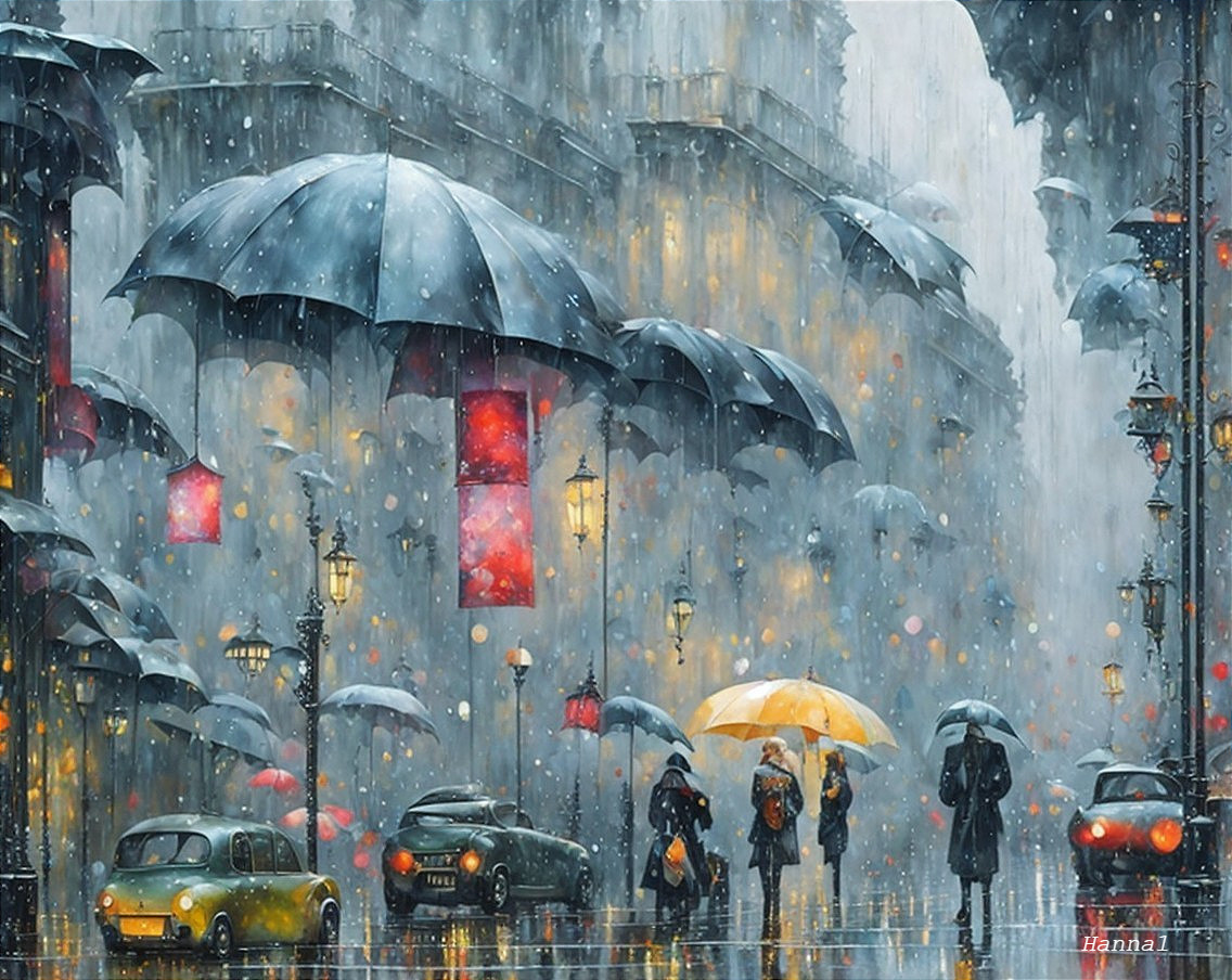 Rainy Urban Street with Colorful Umbrellas and Vintage Cars