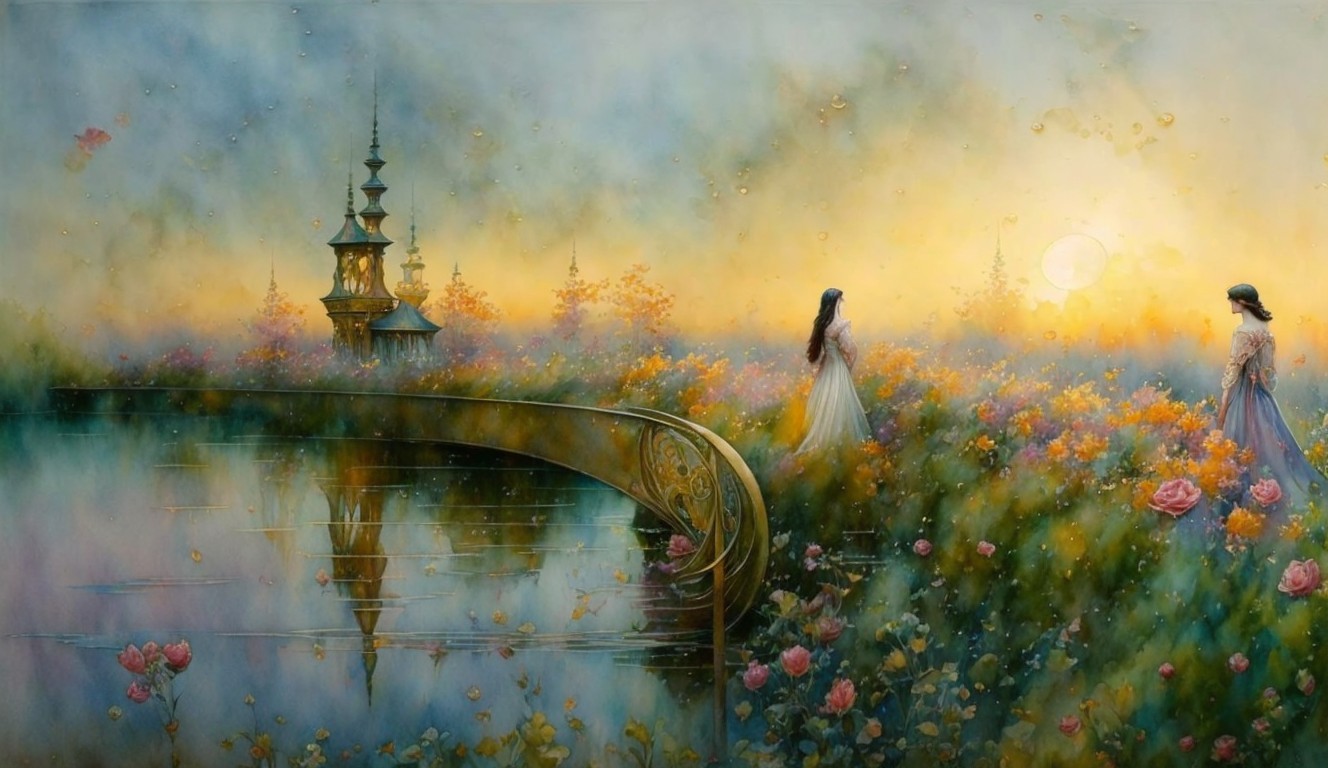 Serene sunset landscape with figures and flowers