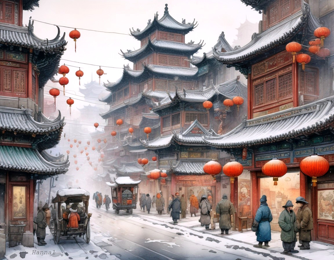 Winter Scene in an Ancient Asian Street with Lanterns