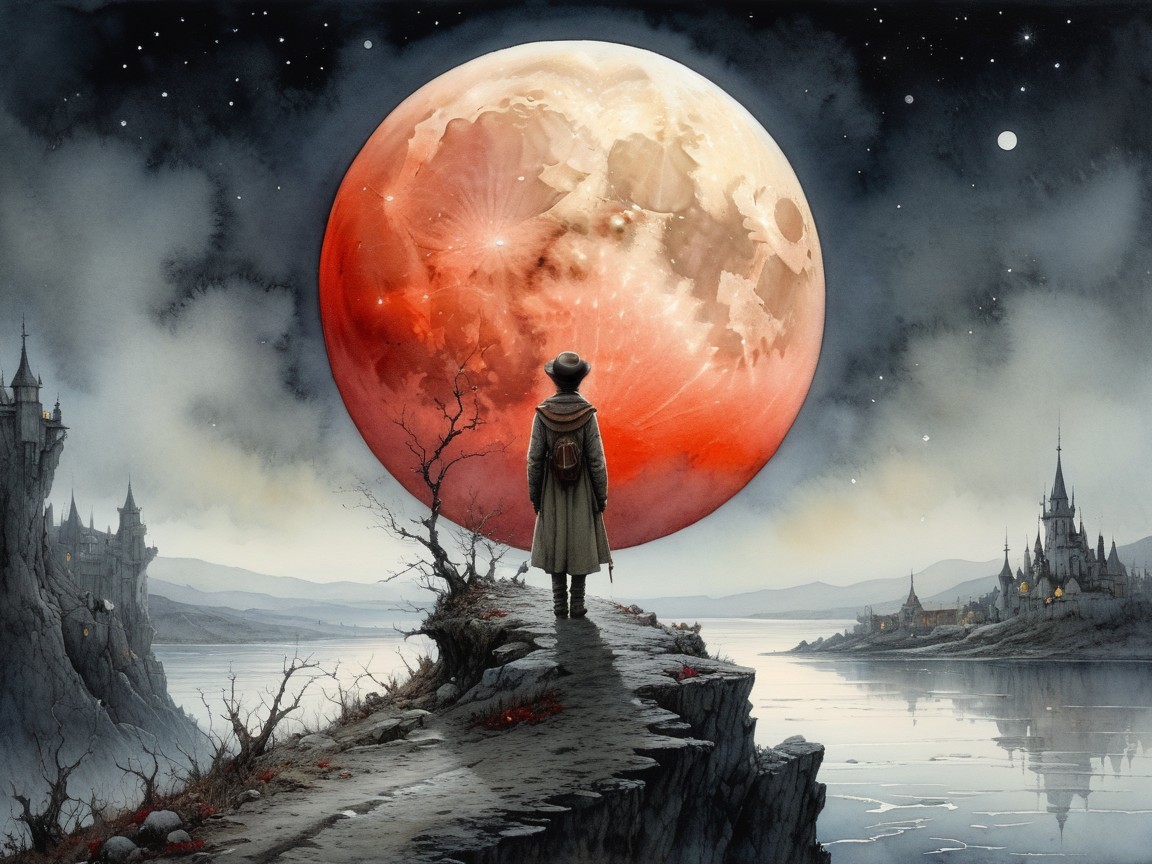 Watercolor Painting of Figure and Blood Red Moon