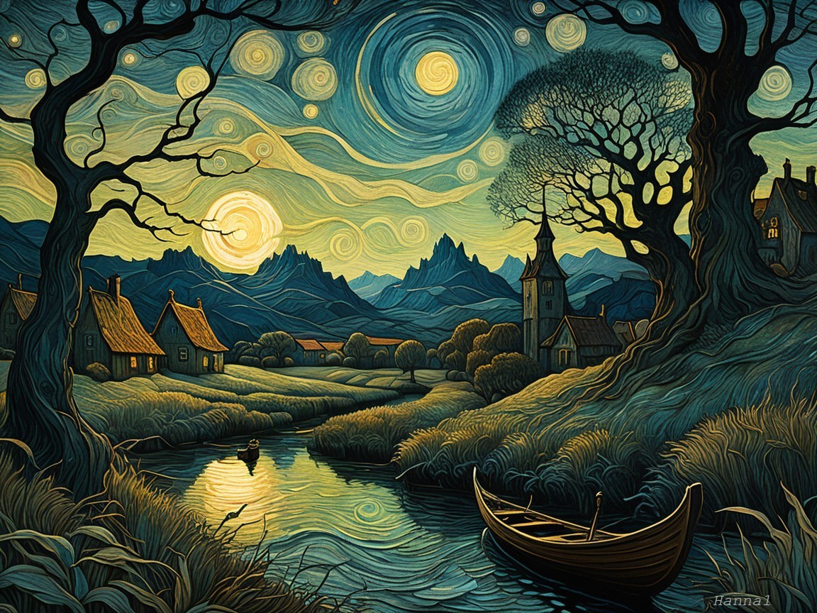 Serene River Under Starry Sky with Cottages and Trees