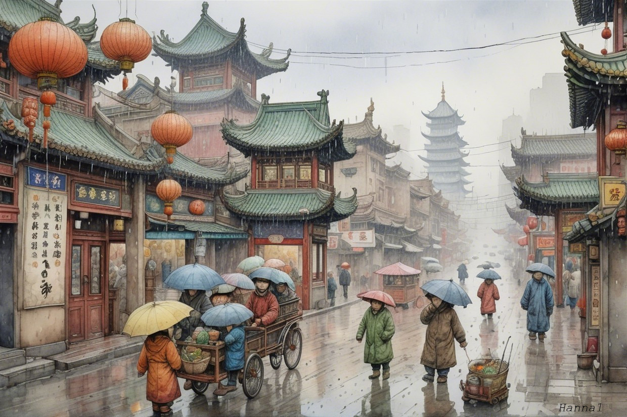Rainy Street Scene with Traditional Architecture and Lanterns