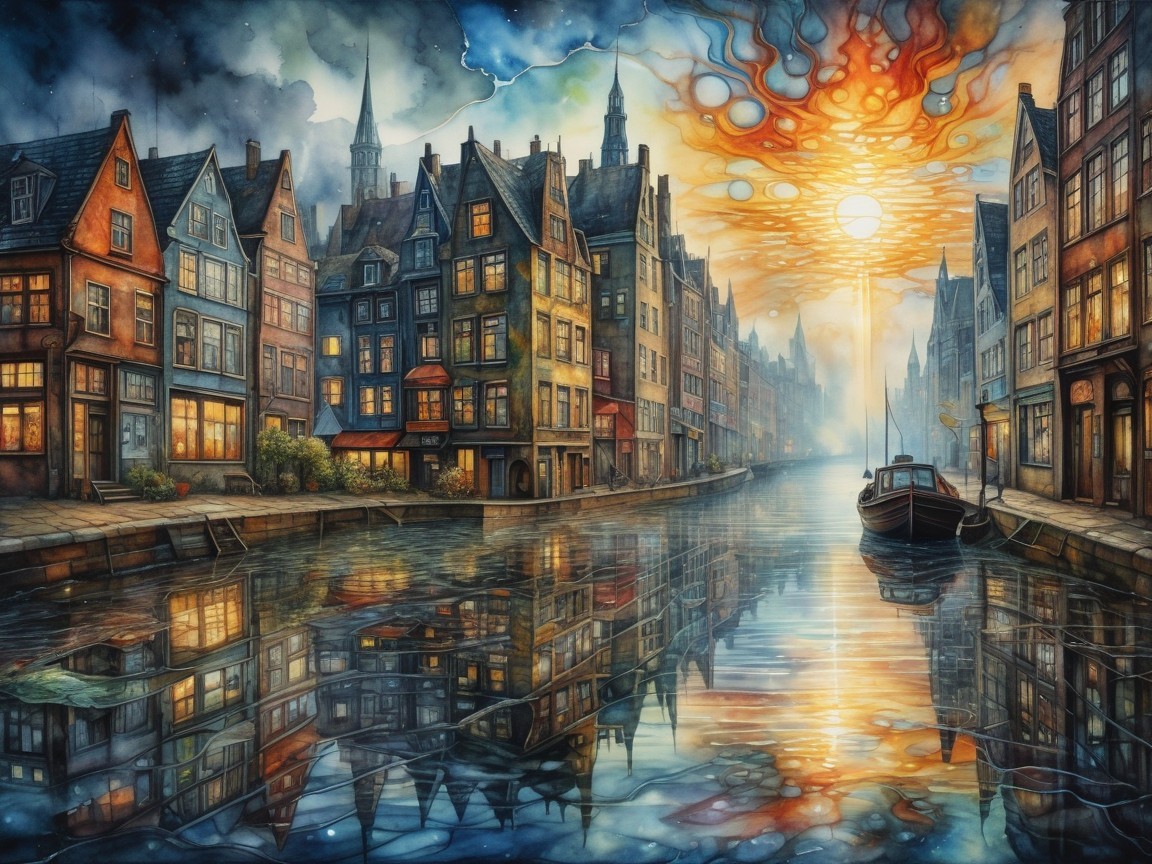 Venetian Canal Scene in Vibrant Watercolor at Sunset