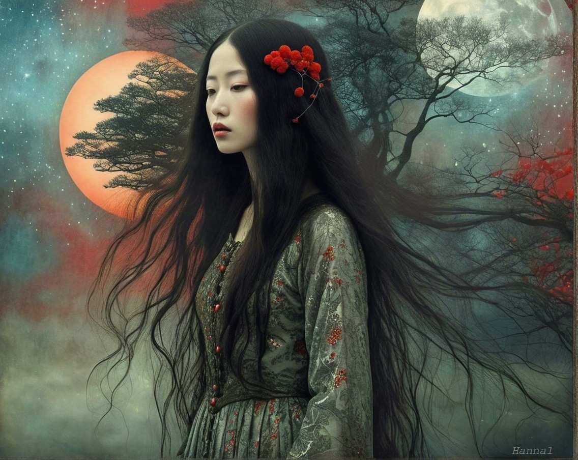 Serene Young Woman in Mystical Two Moons Background
