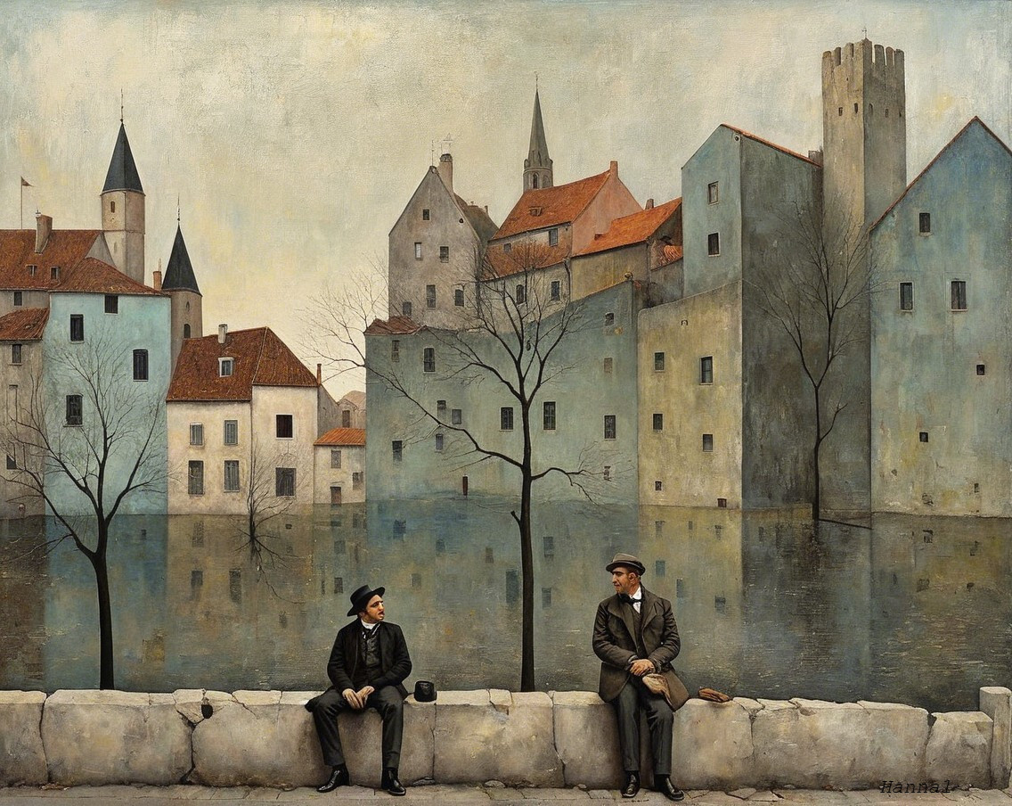 Two Men in Formal Attire by Reflective Water Body