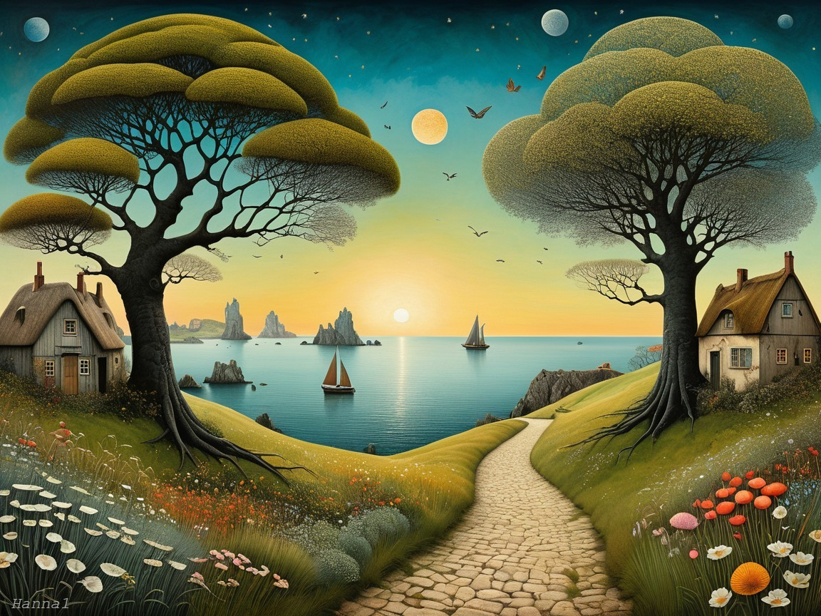 Vibrant Landscape with Trees, Water, and Sunset Hues