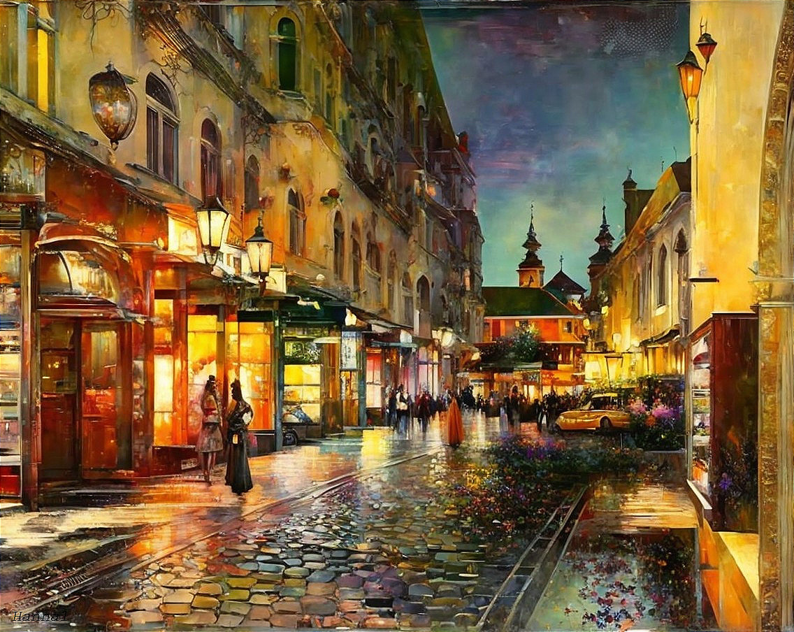 Vibrant Dusk Street Scene with Lanterns and Reflections