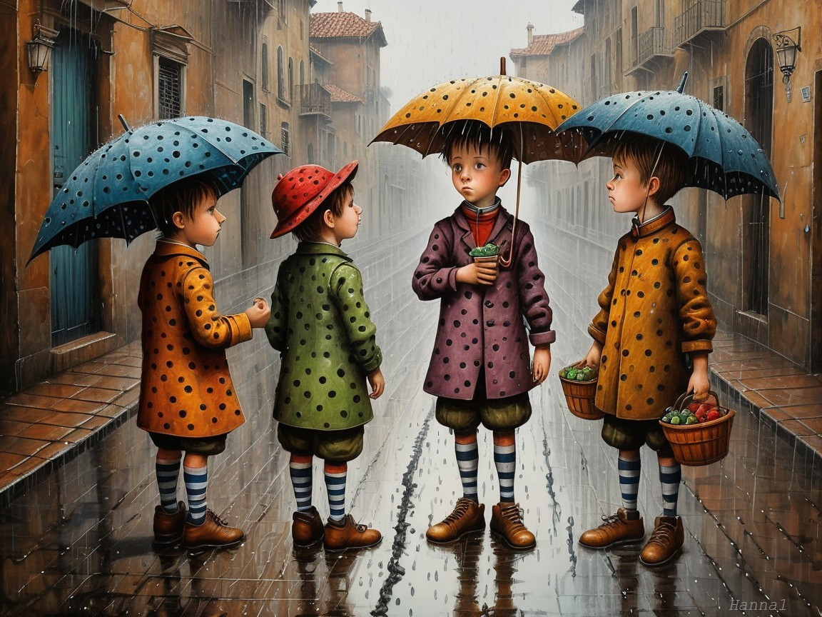 Children with Colorful Umbrellas on a Rainy Street