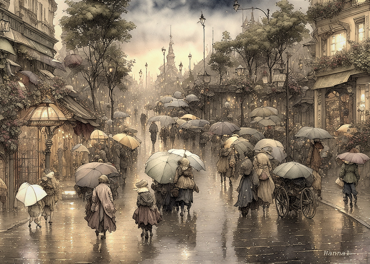 Rainy Vintage City Street Scene with Umbrellas