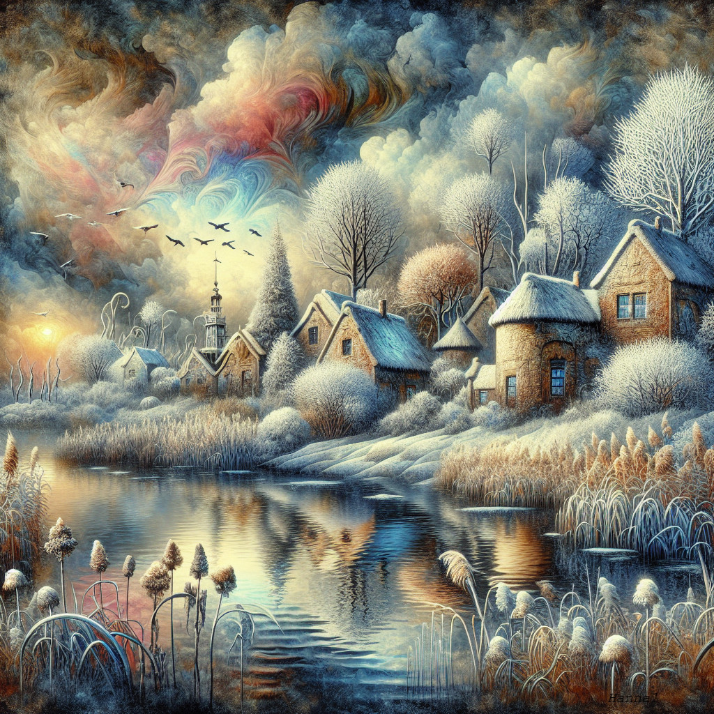 Serene Winter Landscape with Cottages and Lake