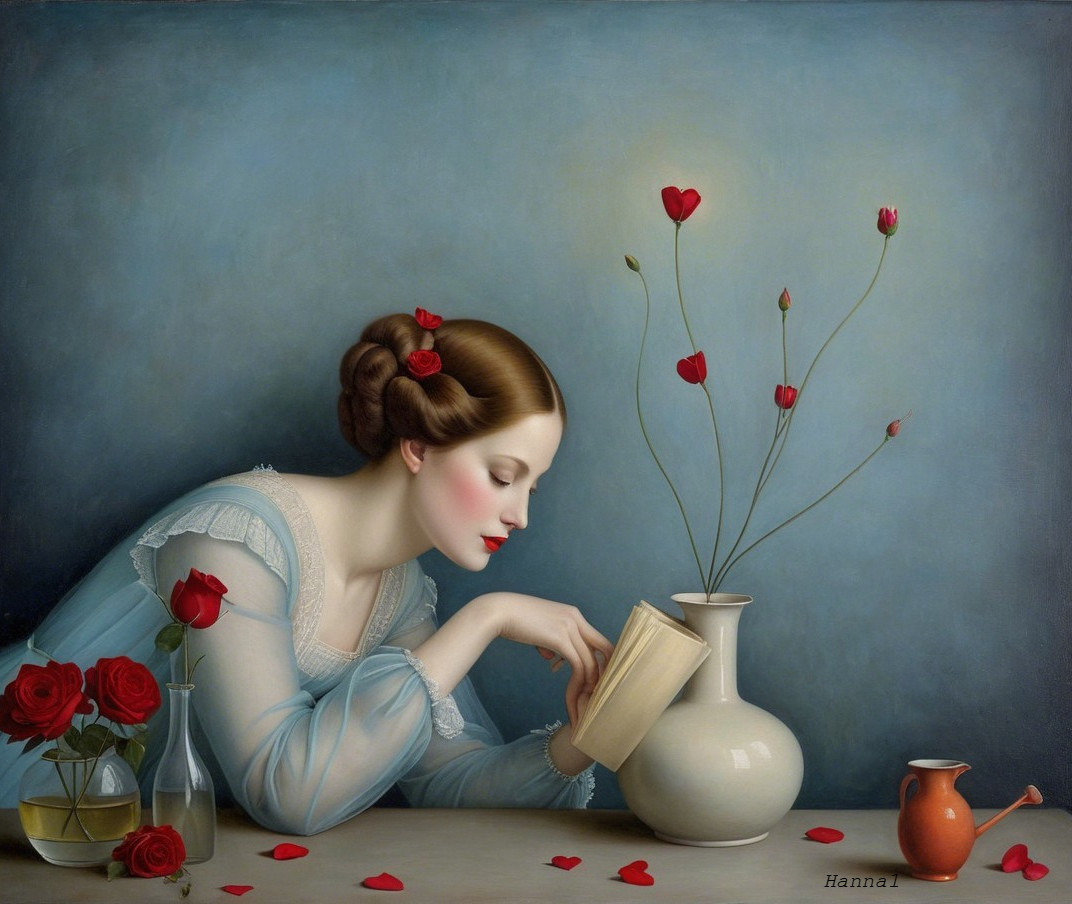 Young Woman Reading in Soft Blue Gown with Flowers