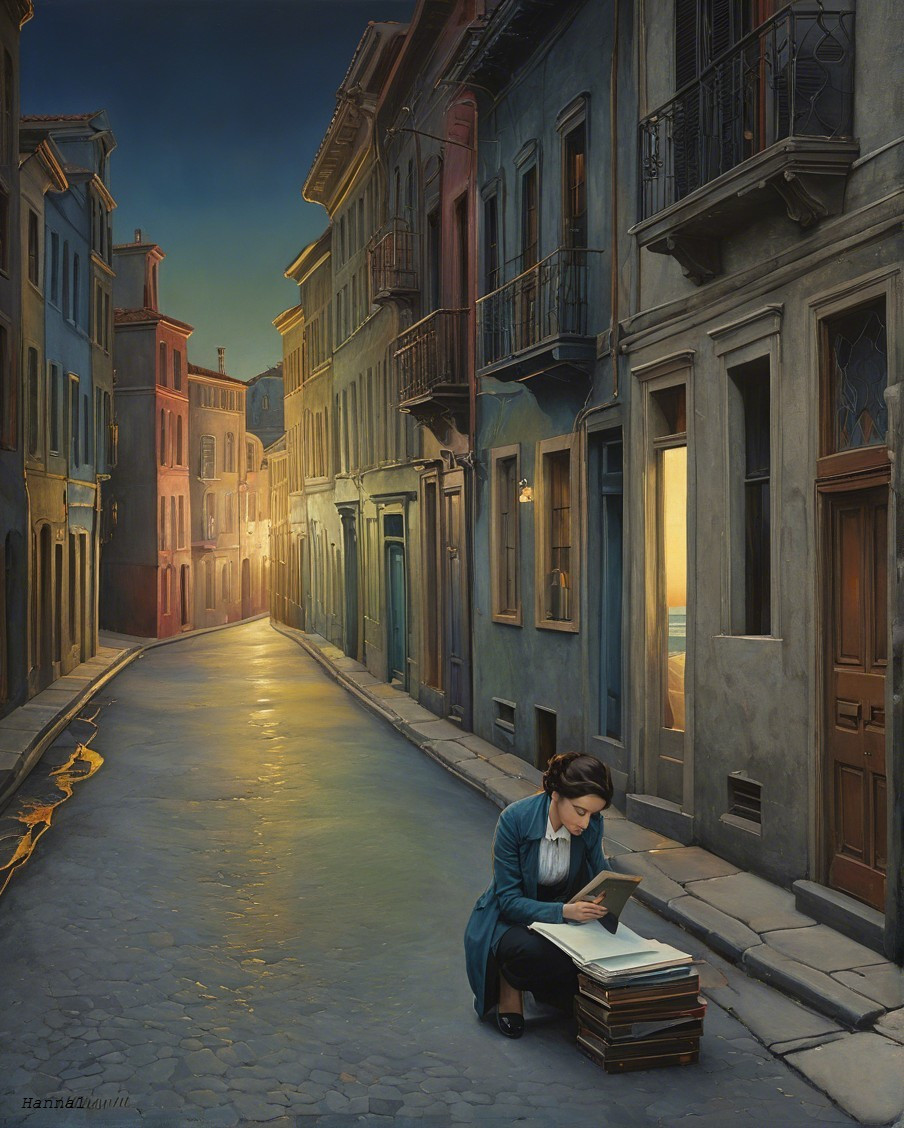 Evening Scene of Woman Reading in Cobblestone Street