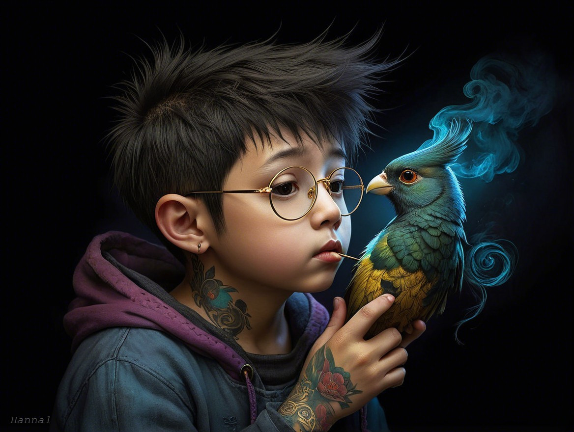 Child with Tattoos Holding Colorful Bird in Whimsical Scene