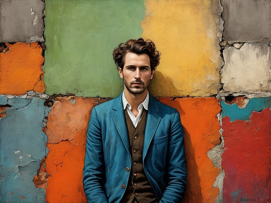 Young man in blue blazer against colorful wall