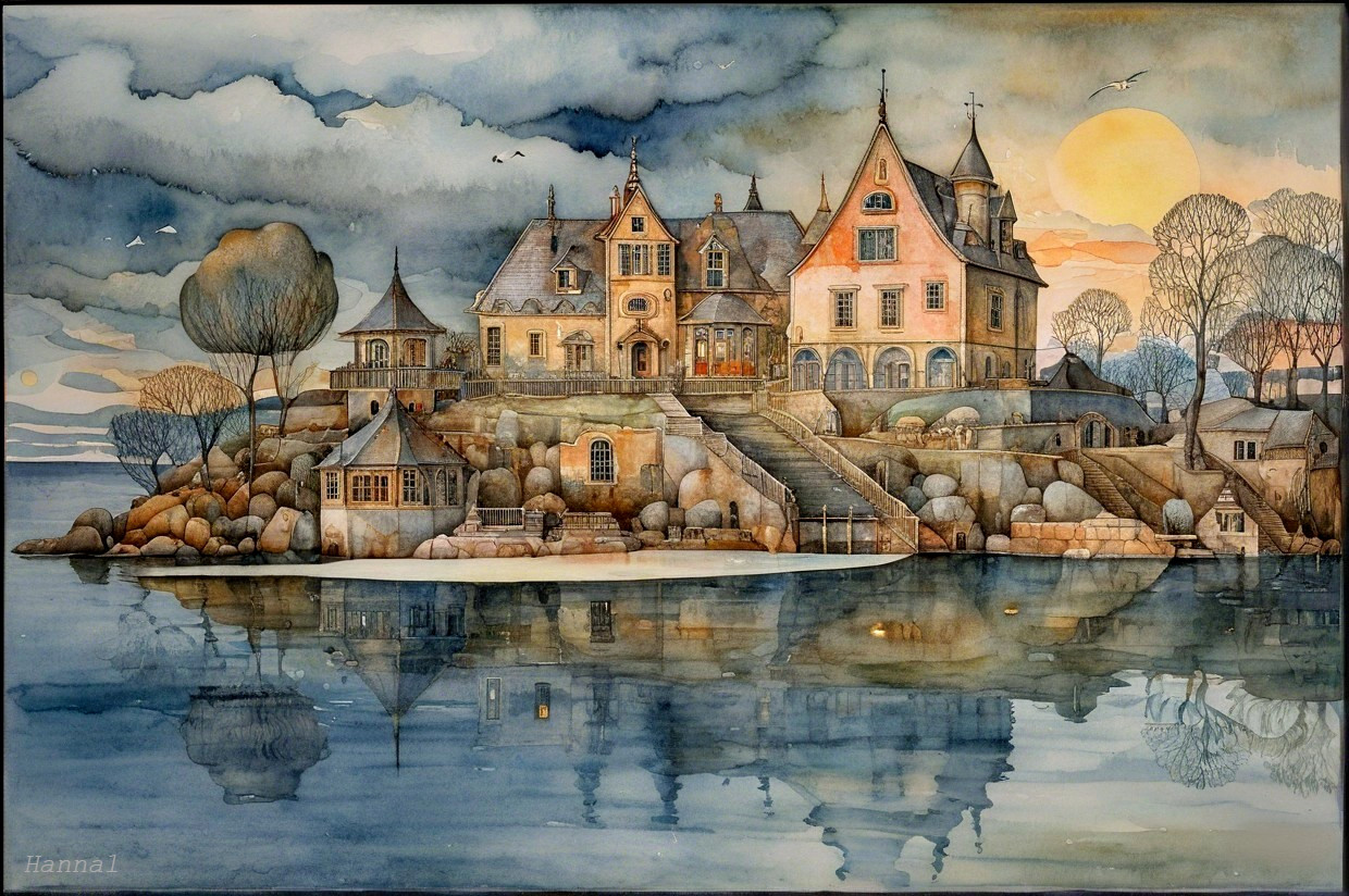 Watercolor Painting of a Mansion on a Rocky Island