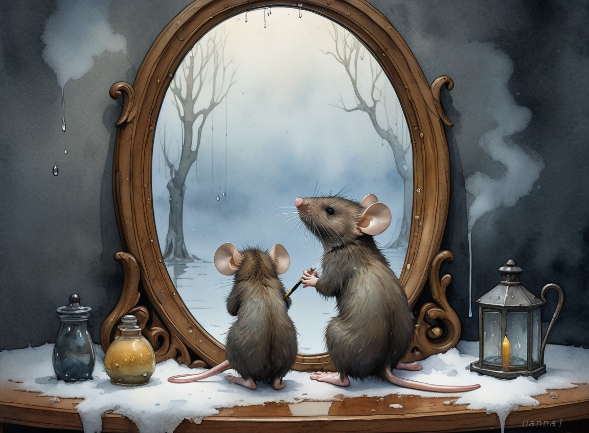Mice Observing Winter Landscape in Ornate Mirror